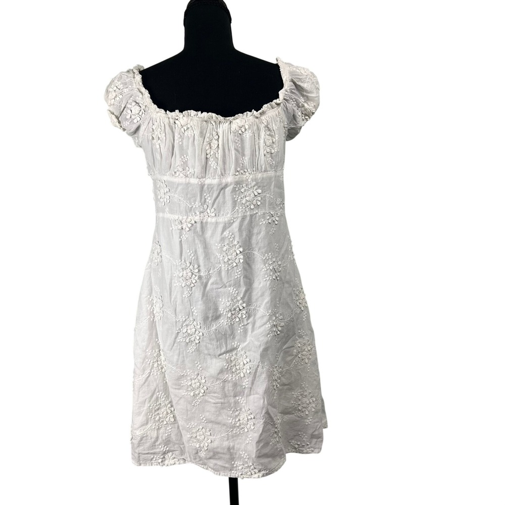 OPT White Eyelet 3D Floral Embroidered Milkmaid Mini Dress L Babydoll Coquette - Picture 3 of 9